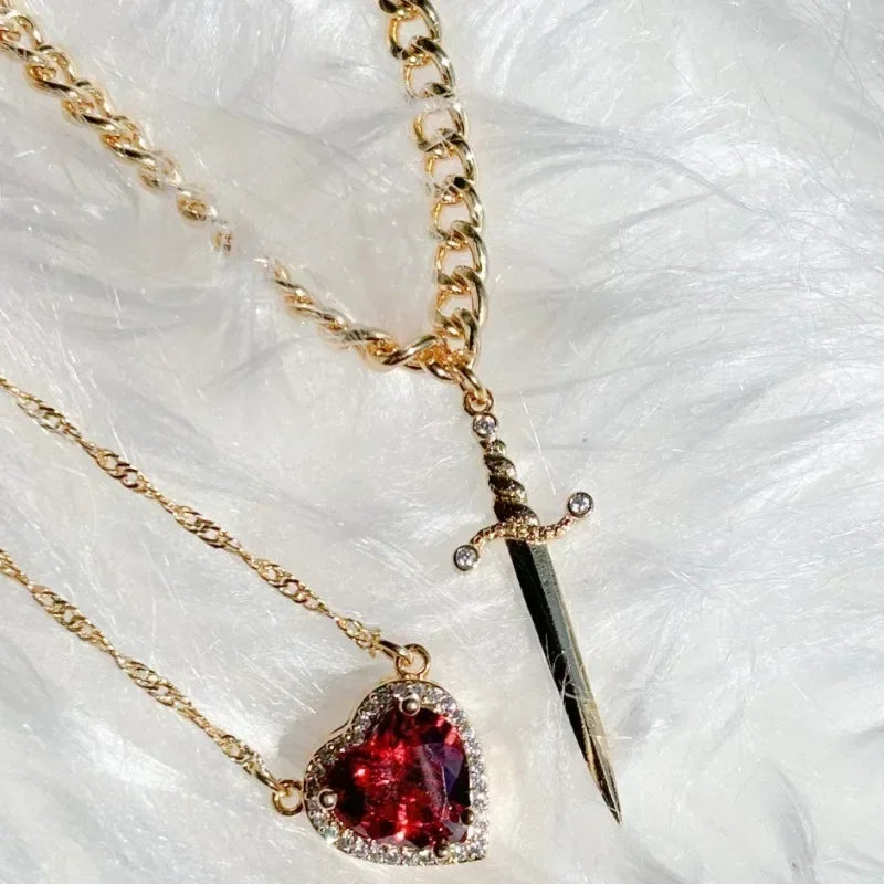Heart and Sword Necklace Set of 2 - 18K Gold Plated STAINLESS STEEL Crystal Couple Necklaces for Women Men Boyfriend Girlfriend